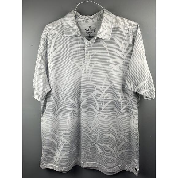 Nat Nast Polo Shirt Mens XL White Gray Floral Striped Short Sleeve Cotton Blend - Picture 1 of 6
